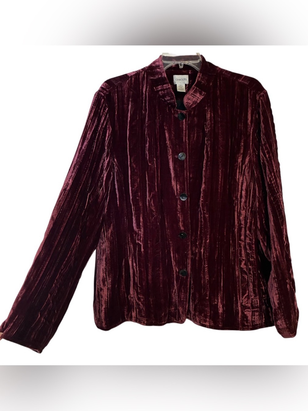 Chico's 3= XL Burgundy Jacket Silk Blend Crushd Velvet Button Up Mandarin Collar